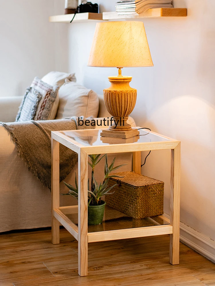

Solid Wood Tea Table Tempered Glass Sofa Side Table Eight-Immortal Table Modern Light Luxury Corner Table Bedroom Bedside Table