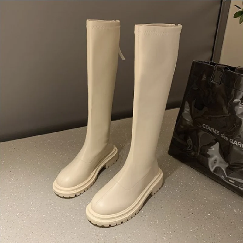 

Beige Patent Leather Ankle Boots Women's Zipper Chunky Slim Fit Winter New Boots Trendy Cozy Tassel Design Warm Sexy Knee Boots