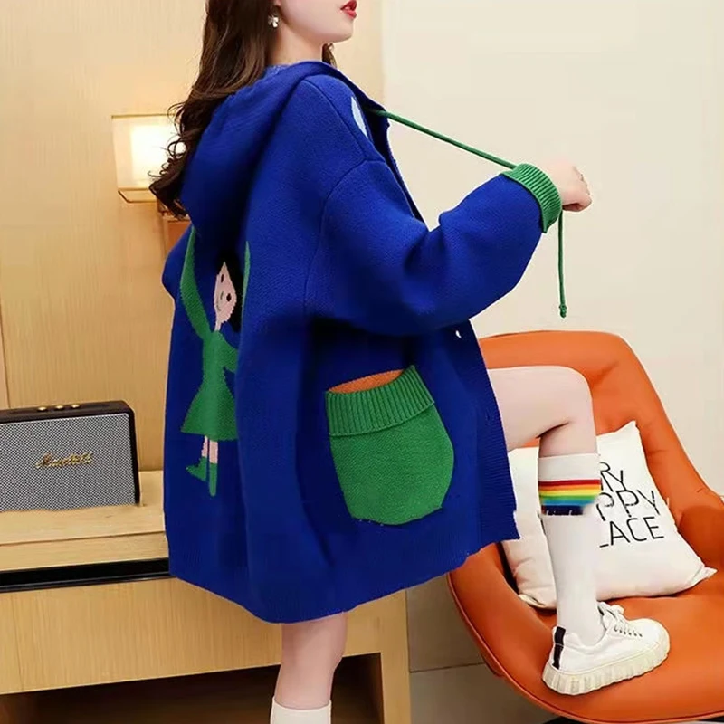 

Fashion Hooded Oversized Sweater Female Cardigan 2022 Cute Cartoon Print Knit Cardigan Jacket Korean Loose Women Sweater