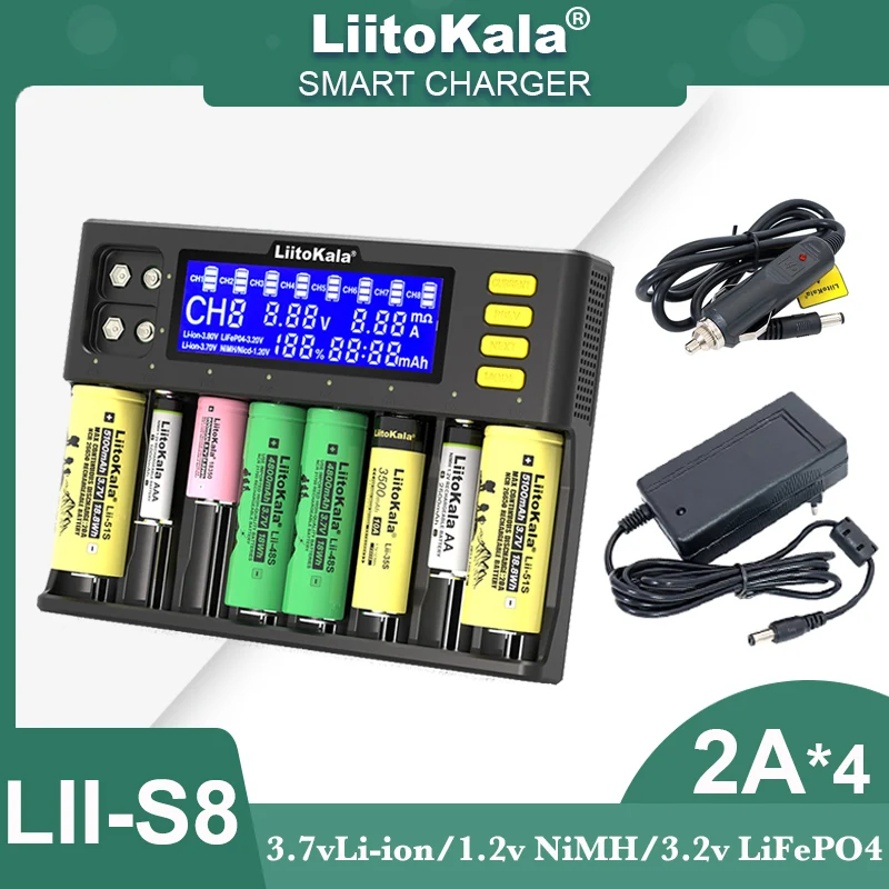 

LiitoKala lii-S8 8 slots Smart Battery Charger for 3.7v Li-ion 18650 26650 21700 18350 18500 1.2v NiMH AA AAA 3.2v LiFePO4
