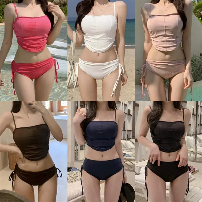 

2023 Women's Swi South Korea New Colorful Sexy Camping Outdoor Beach Bikini Small Chest Gathered Split Beach Hot Spring Swimsuit