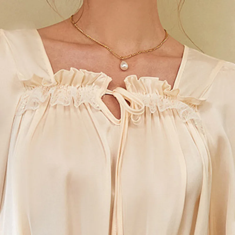 Nightgown Women Satin Silk Long Sleeve Sleepwear Palace Style Sleepdress Loungewear Kimono New Home Dressing Gown Sexy Nightwear