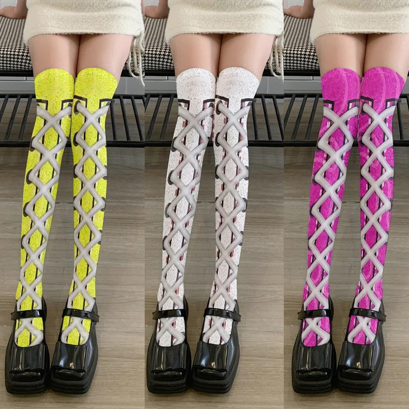 

Shoelace Pattern Print Thigh Stockings Women Harajuku Fashion Sexy Trend Stockings Thin Velvet Lolita JK Socks Kawaii Sweet