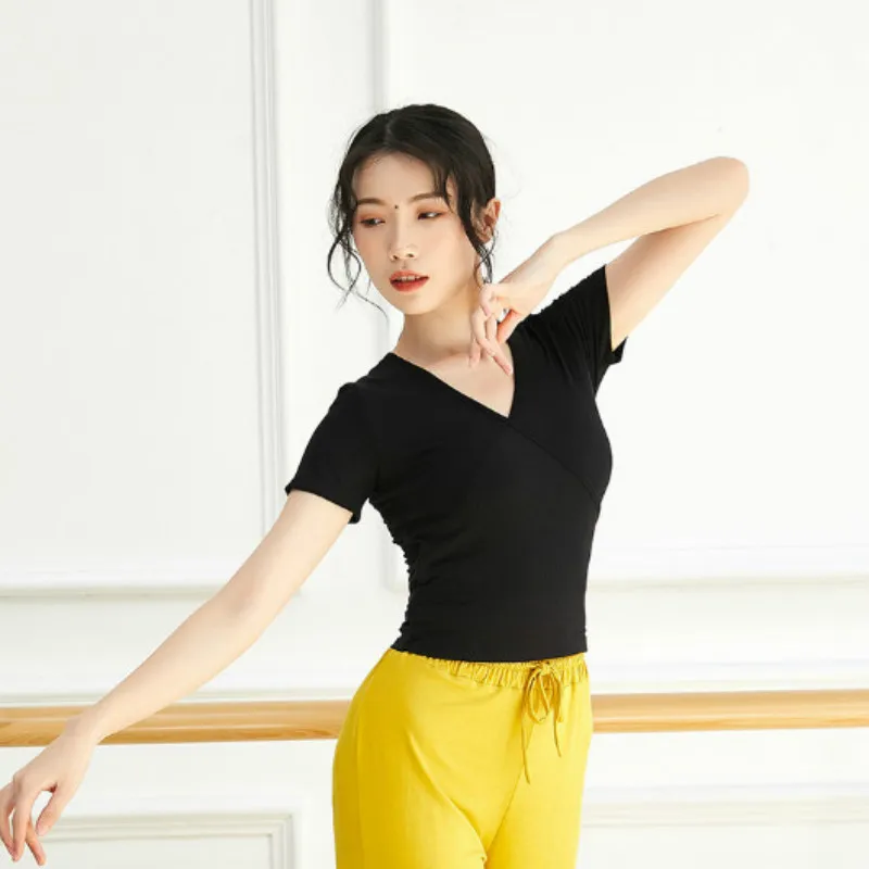 

Fashion Trends Solid Color V-neck Ballet Dancing Costumes Women Dance Stage Performance Clothing Tight Skin-stretch Blouse