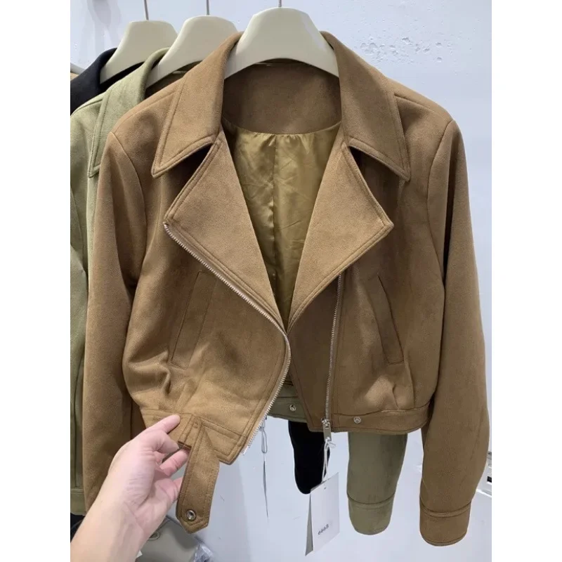 Осень 2024 новый стиль женская утягивающая замшевая кожаная куртка с большими