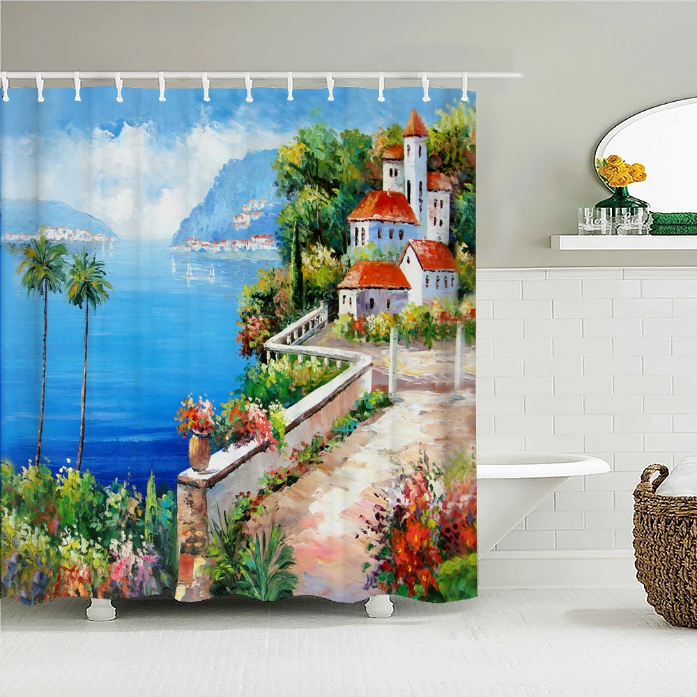

Natural Landscape Shower Curtain Decor Waterproof Fabric Bathroom Curtains Painting Forest Seaside Scenery Bath Screen with Hook