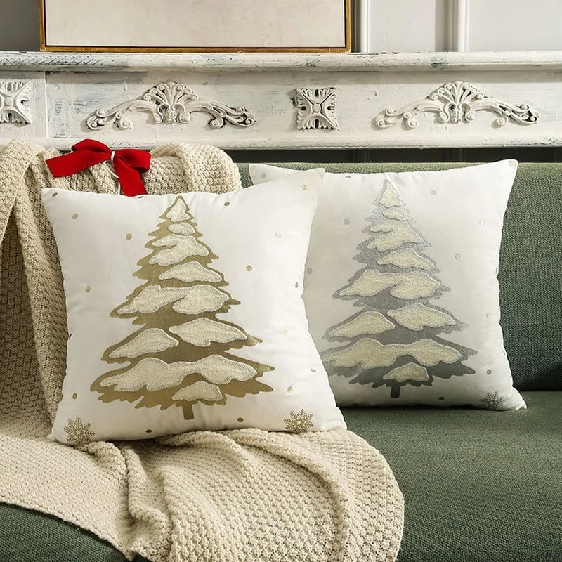

New Golden Silver Cushion Towel Embroidered Bronzing Christmas Tree Pillowcase Home Sofa Bedroom Pillow Cushions Home Decor