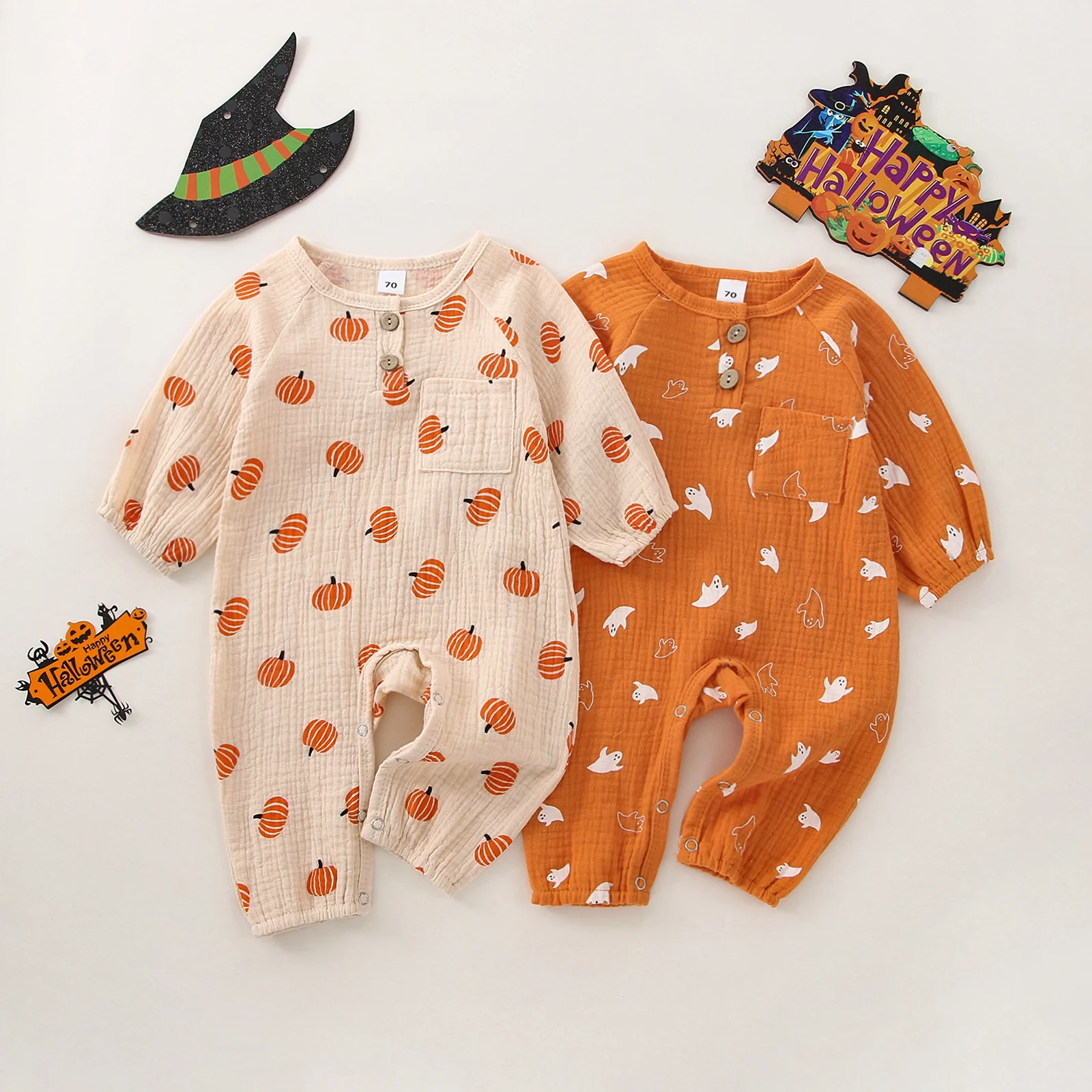 

Toddler Boys Girls Halloween Romper Pumpkin Ghost Print O-Neck Long Sleeve Bodysuit Infant Baby Playsuit Jumpsuit 0-18 Months