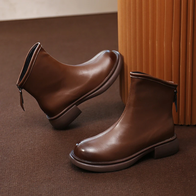 

Round Head Boots Women's 2022 New Style Temperament Solid Color Zipper Shoes Flat Heels Fashion Autumn Ankle Women Rubber
