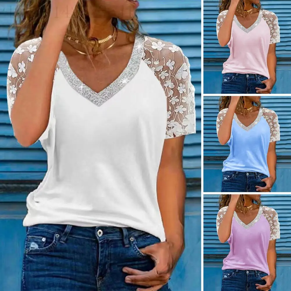 

Women Lace Sleeve T-shirt Summer V-Neck Sequins Trim Lady Shirt Embroidery Flower Short Sleeve Loose Tops Streetwear