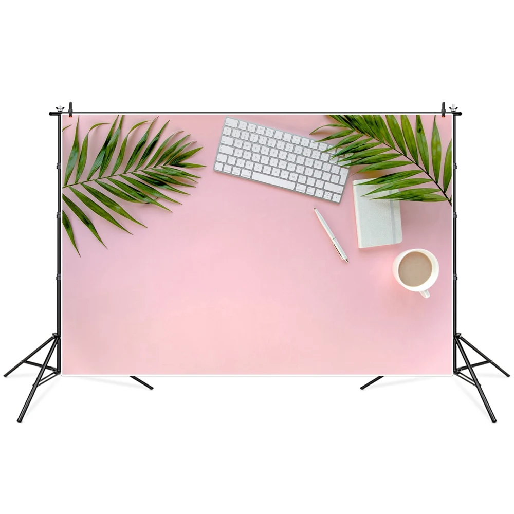 

Pink Table Keyboard Notebook Pen Leaves Photography Backgrounds Photozone Photocall Photographic Backdrops For Photo Studio