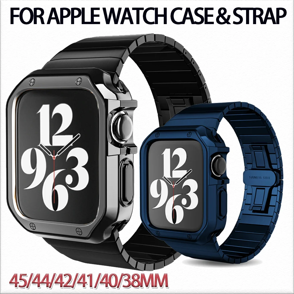 

Ремешок и чехол из нержавеющей стали для Apple Watch Band 7 45 мм 41 мм, металлический браслет для Iwatch Series 6 SE 5 4 3 2 1 44 мм 40 мм 42 мм 38 мм Correa