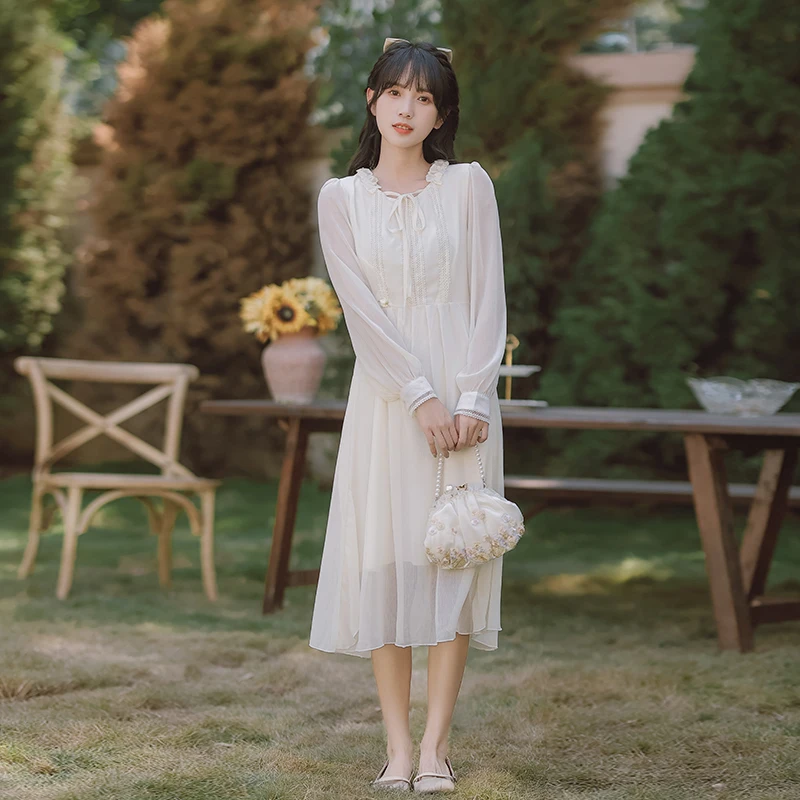 

French Sweet Solid Drawstring Women Dress Spring Summer Long Sleeve Elegant Ruffles Vestidos Fairy Party Mesh Princess Dresses