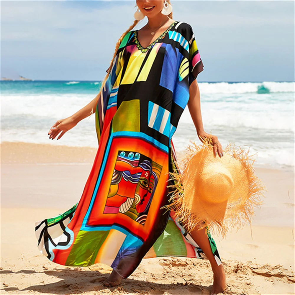 2022 длинный кафтан богемный принт бикини накидки сексуальный V-образный вырез