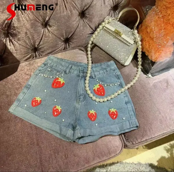 

Design Vintage Light Color Denim Shorts for Women 2023 Summer New Heavy Industry Beads Short Jeans A- Line Wide-Leg Hot Pants