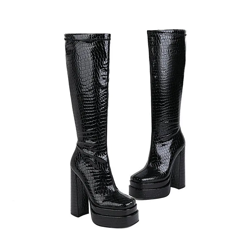 Women's Knee High Boots Crocodile Print Thick Bottom Demonia Boots Sexy Chunky Heels Female Shoe Punk Style Black Platform Boots images - 6