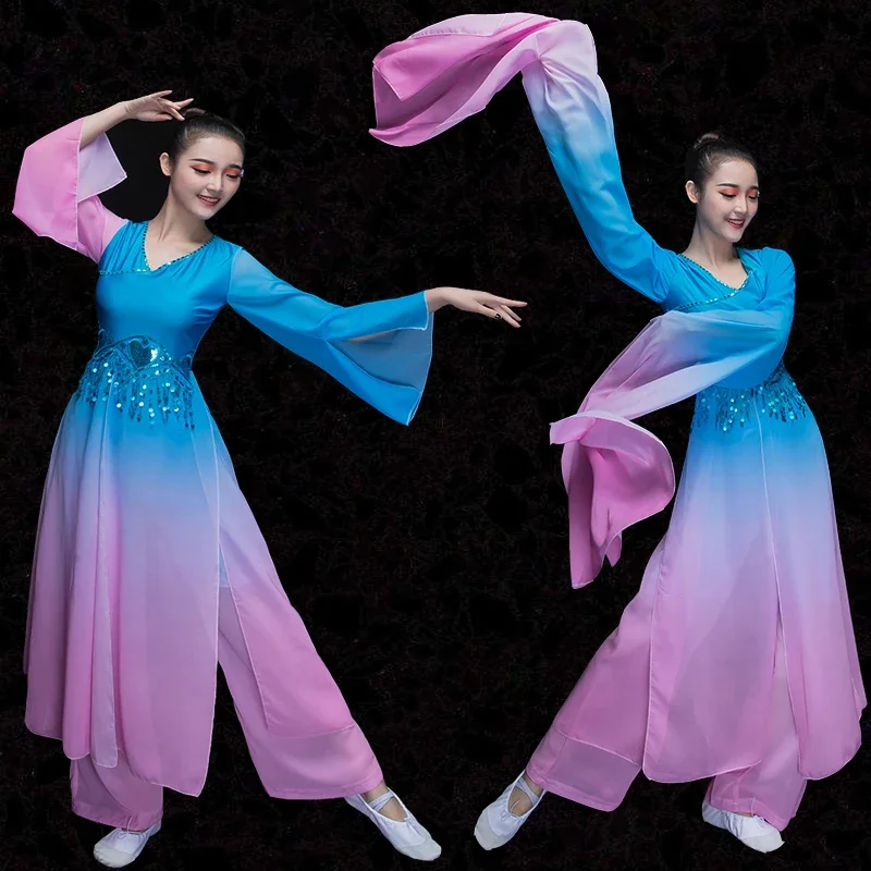 

Китайские классические танцевальные костюмы Янко для женщин, Китайская классическая танцевальная одежда фаната, сценический костюм с высокой талией и барабаном