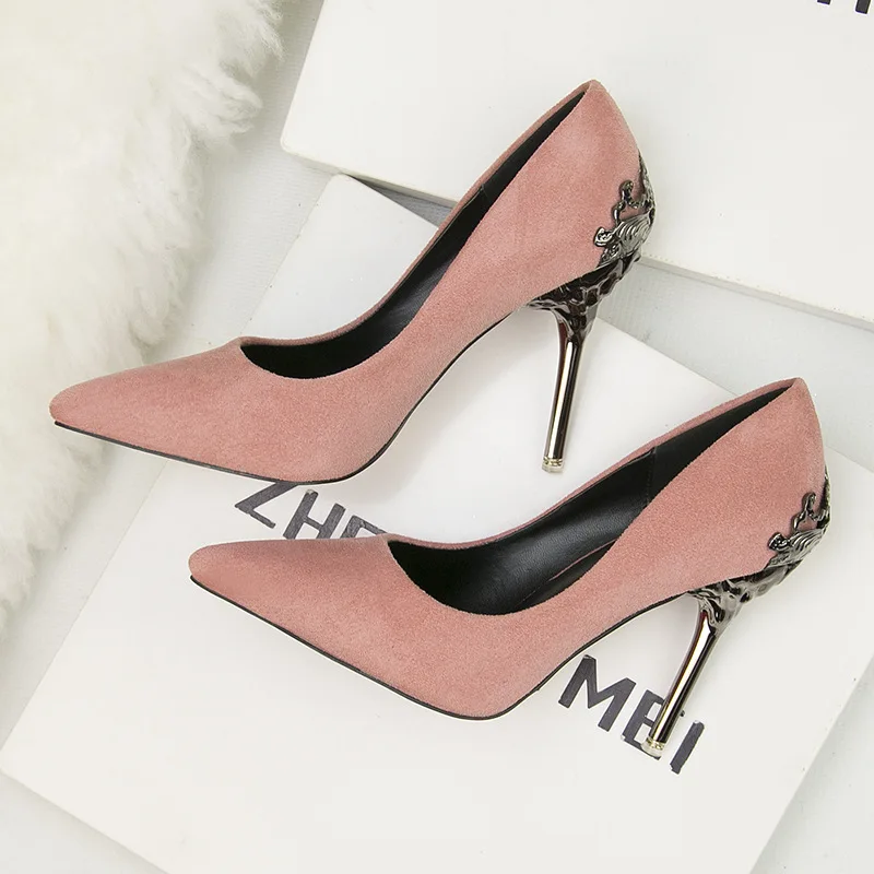 Women Summer Pointed Toe Pumps High Heels Wedding Red Bridal Shoes Metal Hollow Suede Stiletto Heels Elegant Party Dress Sandals