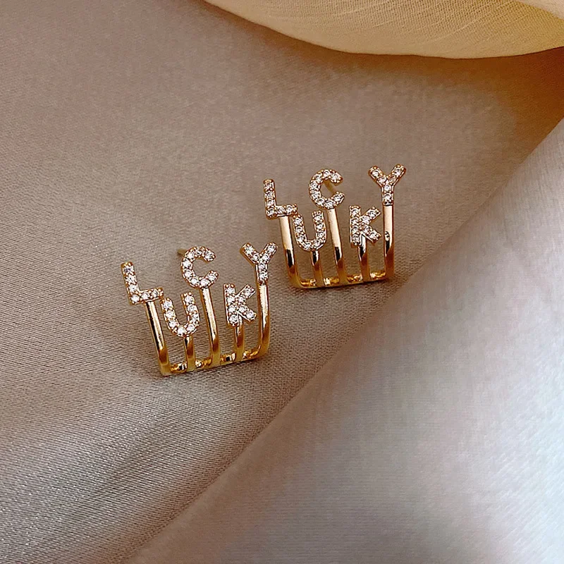 

New Simple Letter LUCKY Micro-paved Zircon Golden Earrings for Women Personalized Daily Accessories Party Jewelry Birthday Gifts