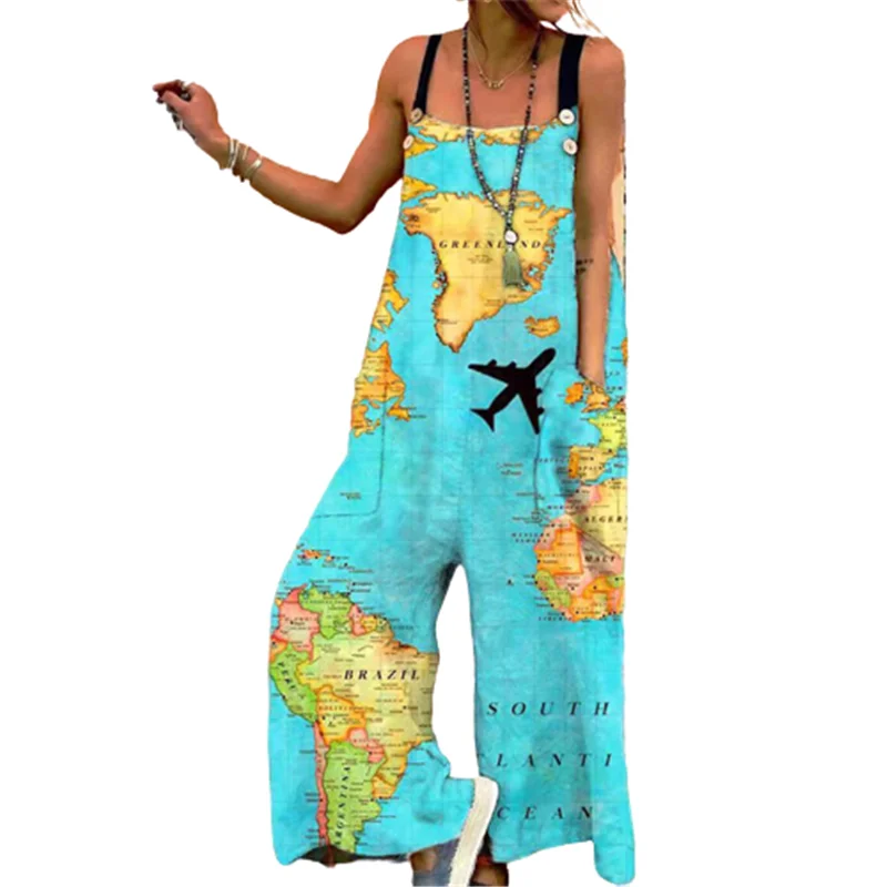 Fashion Women Jumpsuits 2022 Spring Summer Printed Wide Leg Overalls Casual Sleeveless Loose Button Up Rompers Pockets Jumpsuits