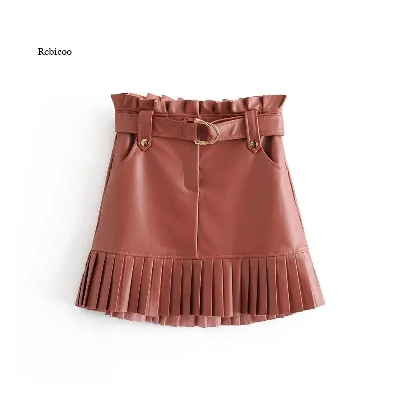 

Chic PU Leather Women Pleated Skirt Ruffles Tie Belt Waist Pocket Skirt Zipper Fly Ladies Elegnt Mini Skirts Jupe Femme