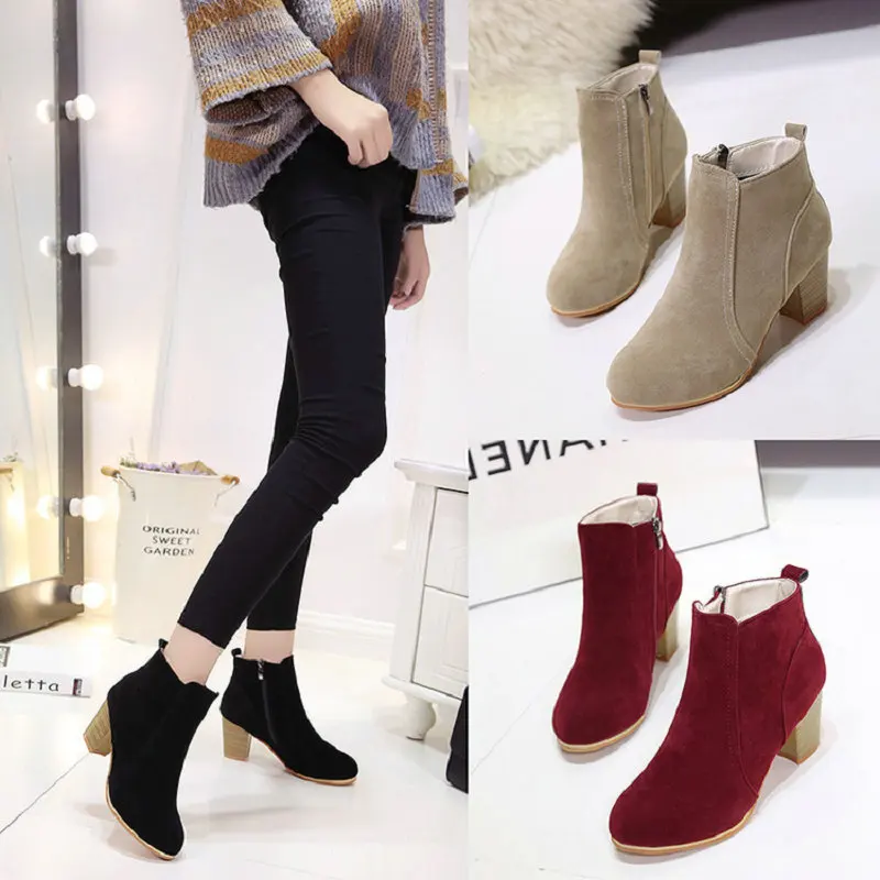 Fashion Ladies Heeled Shoes Nice Women High Heels Boots Brand Woman Winter Shoes Square Heels 5cm Women Ankle Boots Black Red