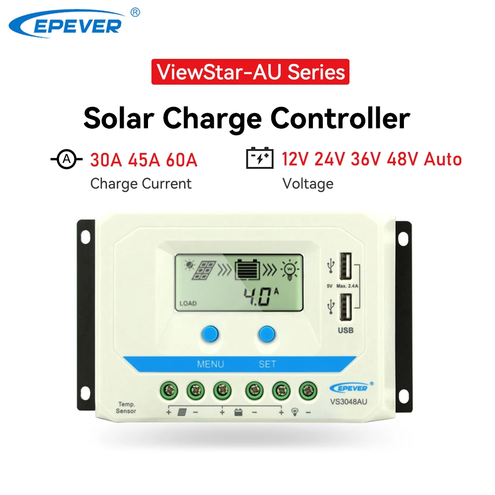 

EPever 45A 30A PWM Solar Charge Controller 12V 24V 38V 48V Auto PV Solar Regulators Backlight LCD Dual USB ViewStar-AU Series