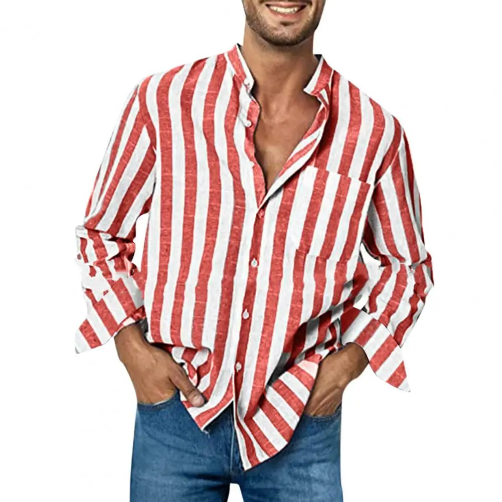 

Stylish Striped Shirts Casual Linen Buckle Top Men T-shirt Sweat-absorb Dress-up