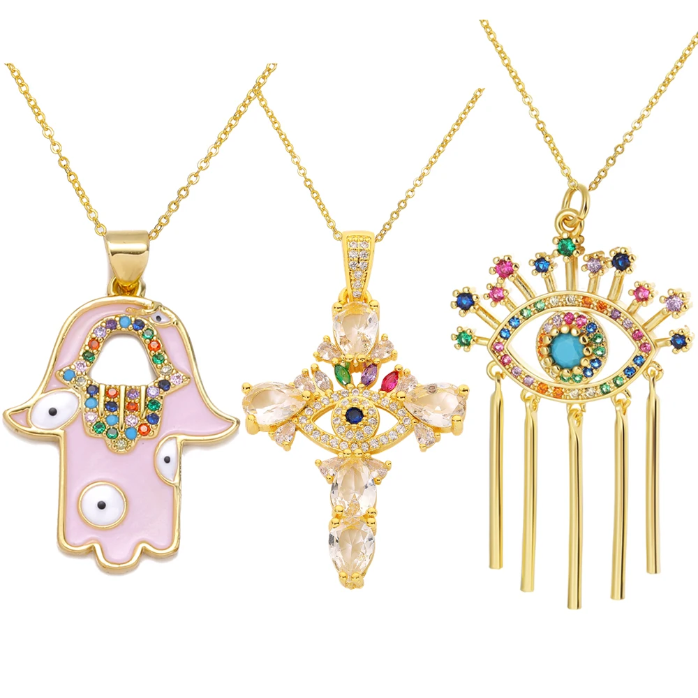 

Juya 18K Real Gold Plated Handicraft Rainbow Zircon Enamel Fatima Hamsa Hand Cross Turkish Greek Evil Eye Pendant Women Necklace