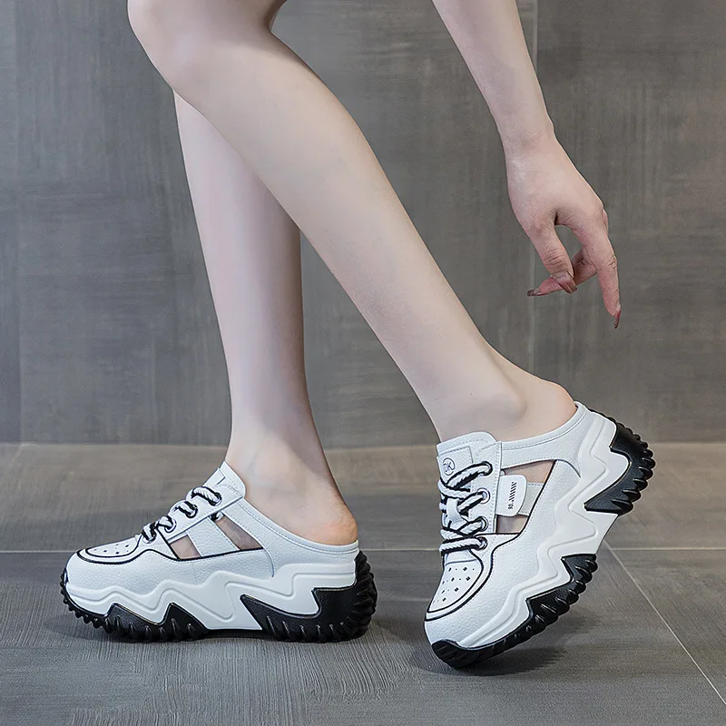 7cm Genuine Leather Slides Hollow Ladies Summer Slippers Female Breathable Ankle Boots Women Platform Sandals Wedge Woman Shoes