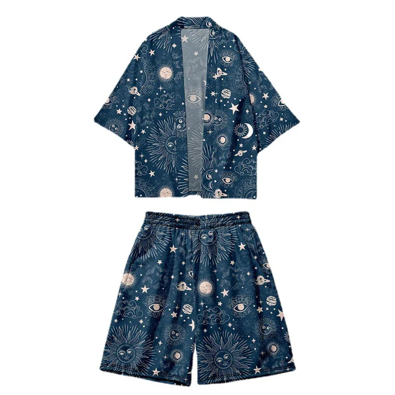 

Japanese Anime Men Sun And Moon Print Kimono Summer Beach Cardigan And Shorts Set Yukata Man Cosplay Asian Clothes