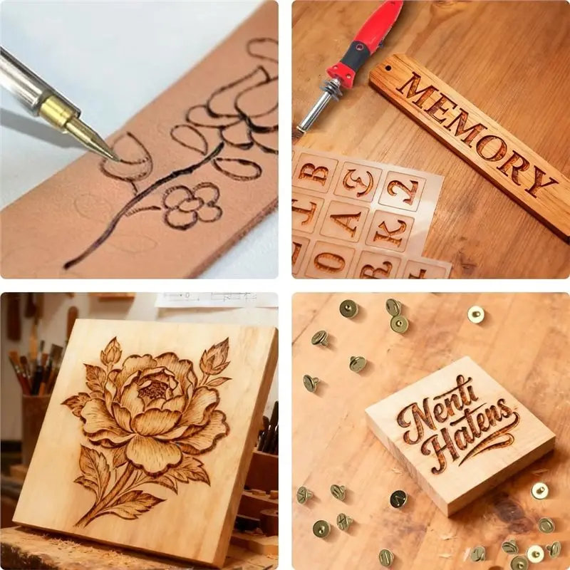 Фото Набор для пирографии M12K: Профессиональный инструмент для выжигания по дереву, 26 букв, регулировка температуры, ручка для пирографии, вилка стандарта США №4