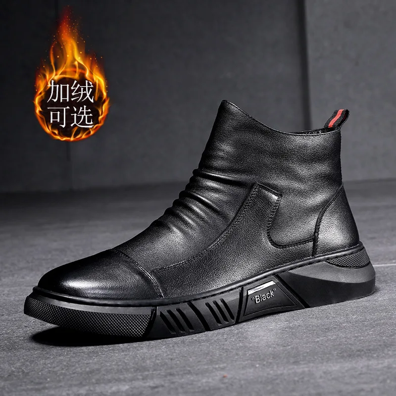 

Мужские повседневные кожаные ботинки, новинка, кожаные плюшевые теплые кожаные ботинки средней длины, мужские короткие ботинки на низком б...