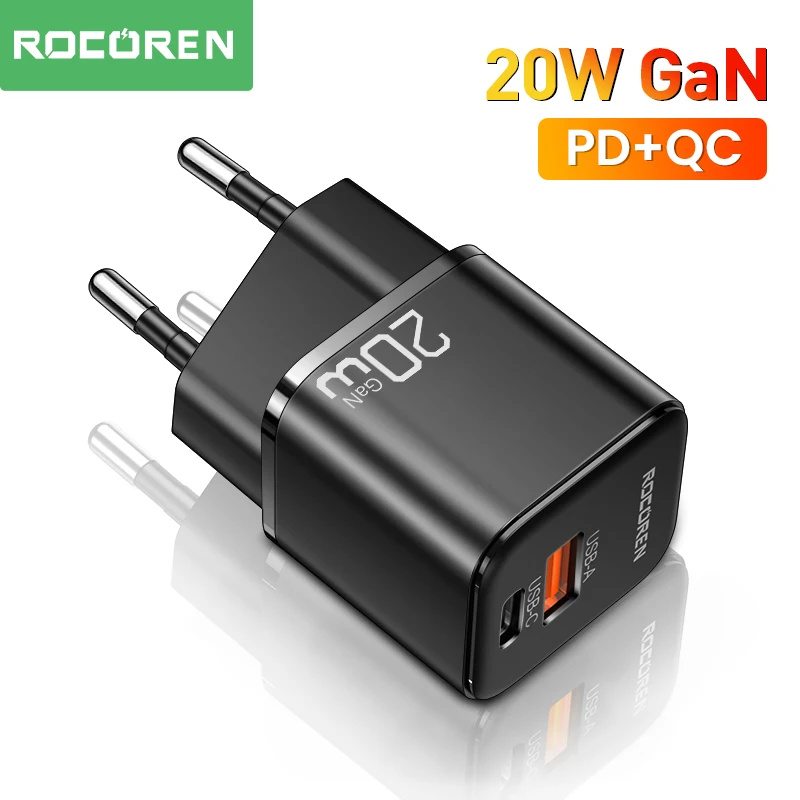  Rocoren 20W GaN Charger PD Fast Charging Charger Dual USB Type C PD3.0 QC3.0 Quick Charging For iPhone 14 13 Pro Max Xiaomi POCO 