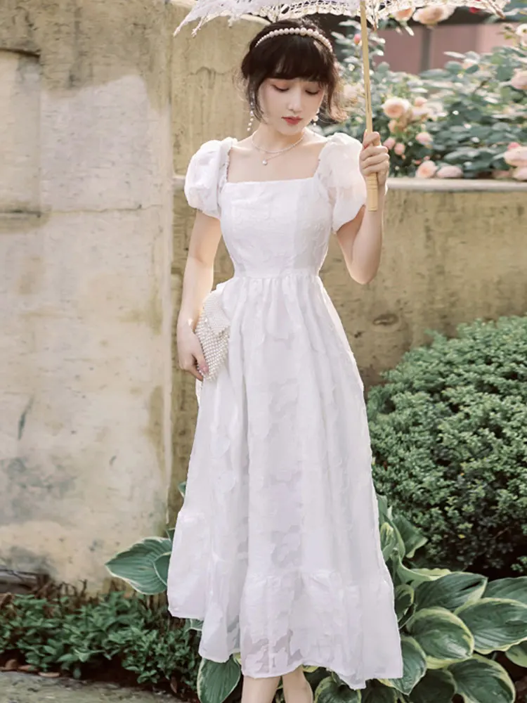 

Женское жаккардовое платье подружки невесты, белое платье с рукавом-пузырьком и длинным вырезом, лето