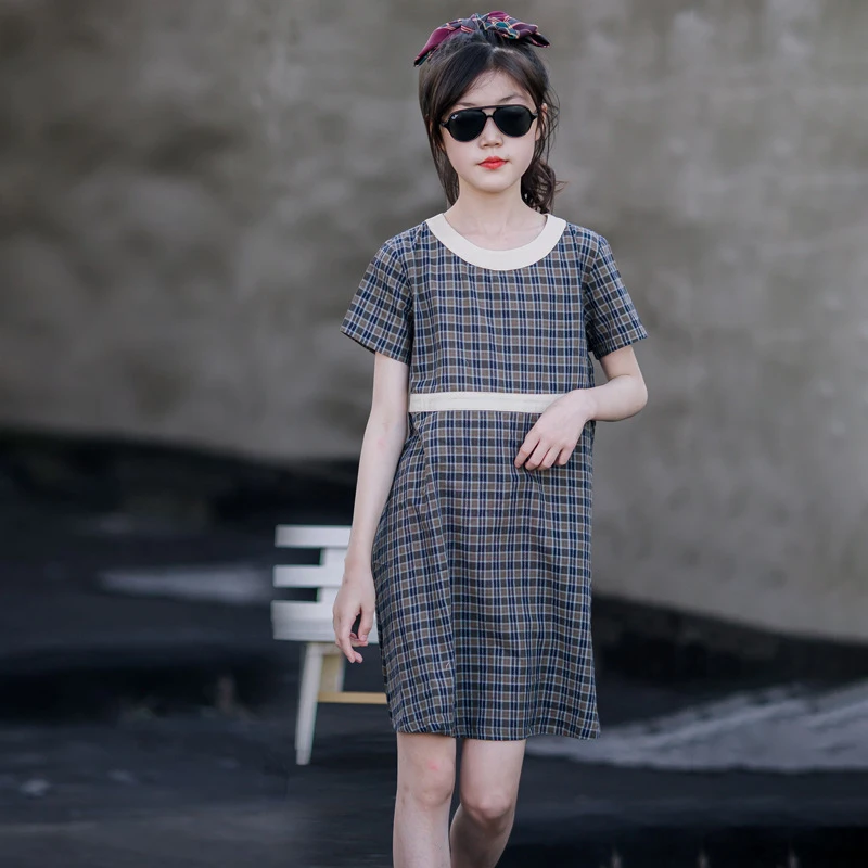 

Детская одежда в Корейском стиле, лето 2023, клетчатое ТРАПЕЦИЕВИДНОЕ Хлопковое платье в стиле мори для девочек, простые элегантные платья, одежда от 10 до 12 лет