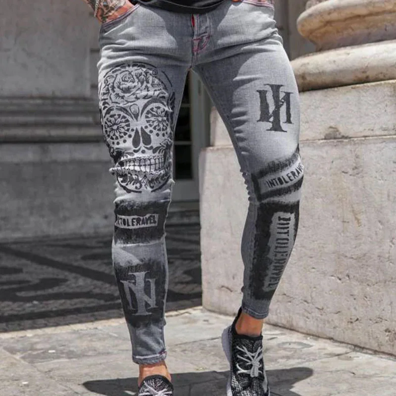 Men Jeans Stretch Denim Skinny Pants Slim Fit Printed Gray Jeans Causal High Wasit Printed Zipper Fly Male Denim Pencil Trousers