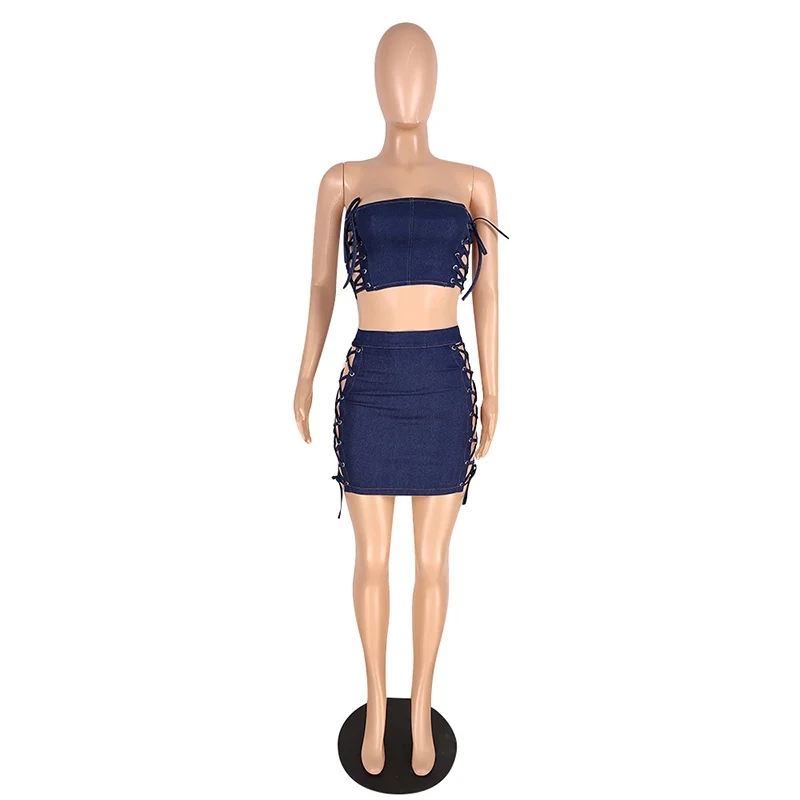 

Fashion Hollow Out Laced Denim Skirt Set (Navy) Summer Women Jeans Crop Top And Bandage Set Two-Piece Outfits Clubwear