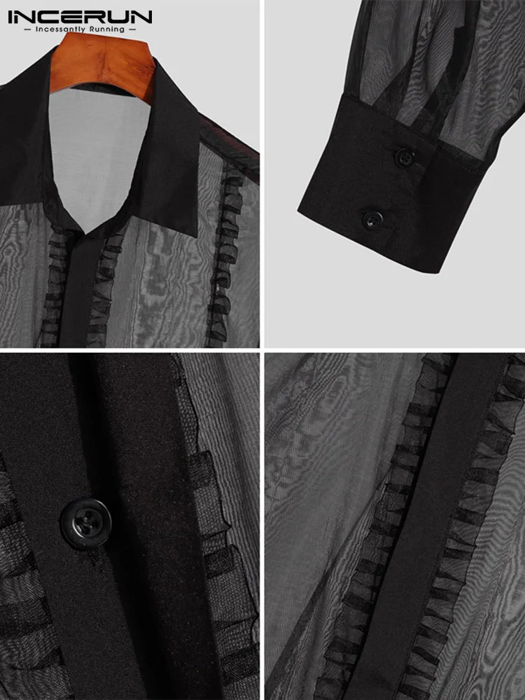 INCERUN Tops 2022 American Style Men Fashion Lace Thin Blouse Casual Well Fitting Male See-through Mesh Long Sleeve Shirts S-5XL