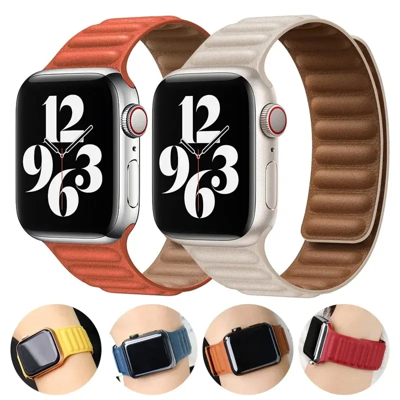 Ремешок кожаный для Apple Watch Band 44 мм 40 мм 45 мм 41 мм, магнитный ...