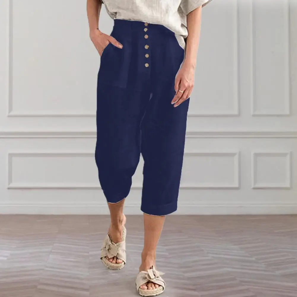 

Women Pencil Pants 2022 Women Cropped Trousers Solid Color Button Casual High Waist Mid-calf Length Summer Trousers pants women
