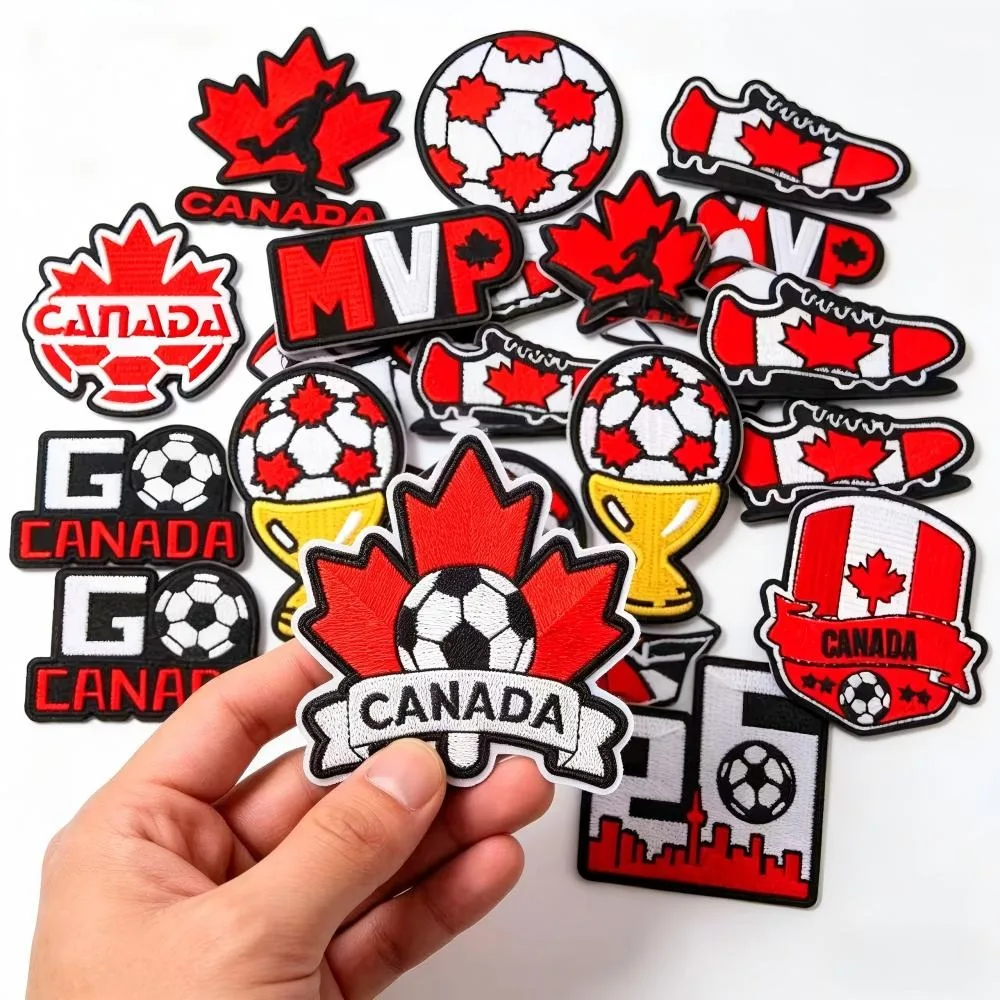 Фото Вышитая нашивка с символикой футбола Канады 2026 для самостоятельного декорирования футболок, рюкзаков, головных уборов, тканевых изделий. Наклейка-аппликация для пришивания или термоклеевая. Для шитья, рукоделия, декора и ремонта. №2