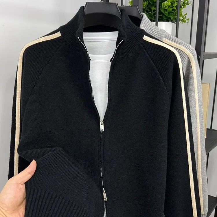 Свитер с двойной молнией мужской модный вязаный кардиган полосатый