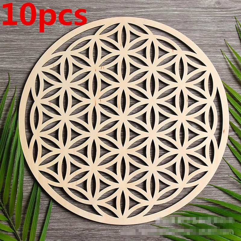 

10pcs/lot Flower Of Life Natural Symbol Wood Round Edge Circles Carved Coaster For Stone Crystal Set DIY Decor Mats Pads