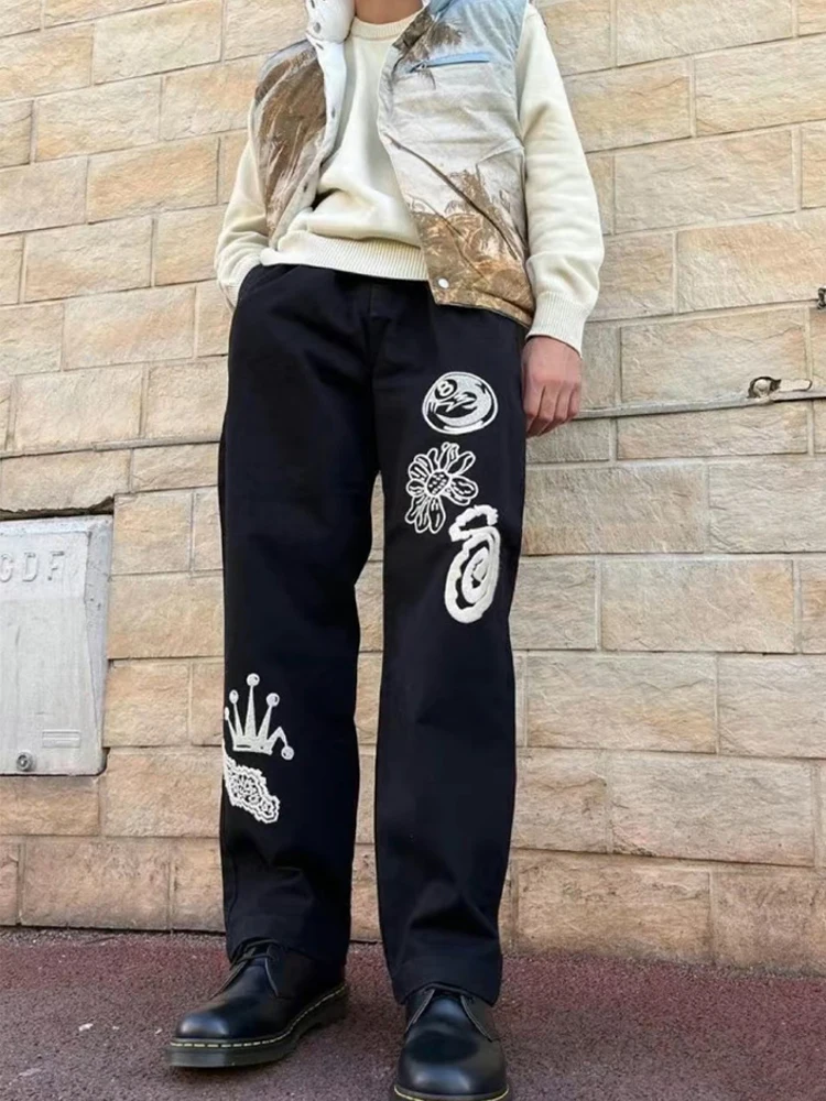 

Spring and Autumn Fashion Logo Applique Casual Pants High Quality Men's Straight Leg Pants High Street Style Trousers