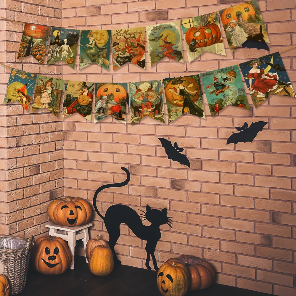 Хэллоуин Флаг Вытащить Винтаж Баннер Тыква Призрак Летучая Мышь Висит Флаги