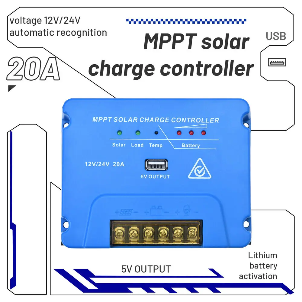 

Регулятор заряда батареи солнечной панели 12 В/24 В 20 А MPPT USB 5 В