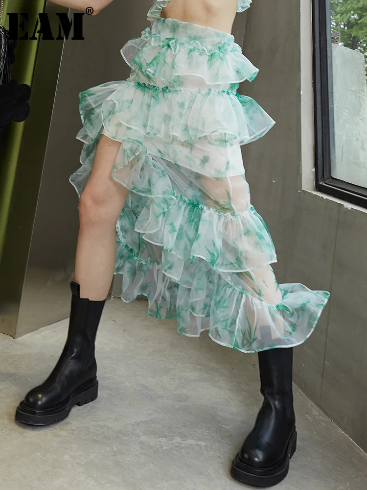 

[EAM] High Waist Green Oranza Ruffles Slit Irregular Long Half-body Skirt Women Fashion Tide New Spring Summer 2023 1DD8650