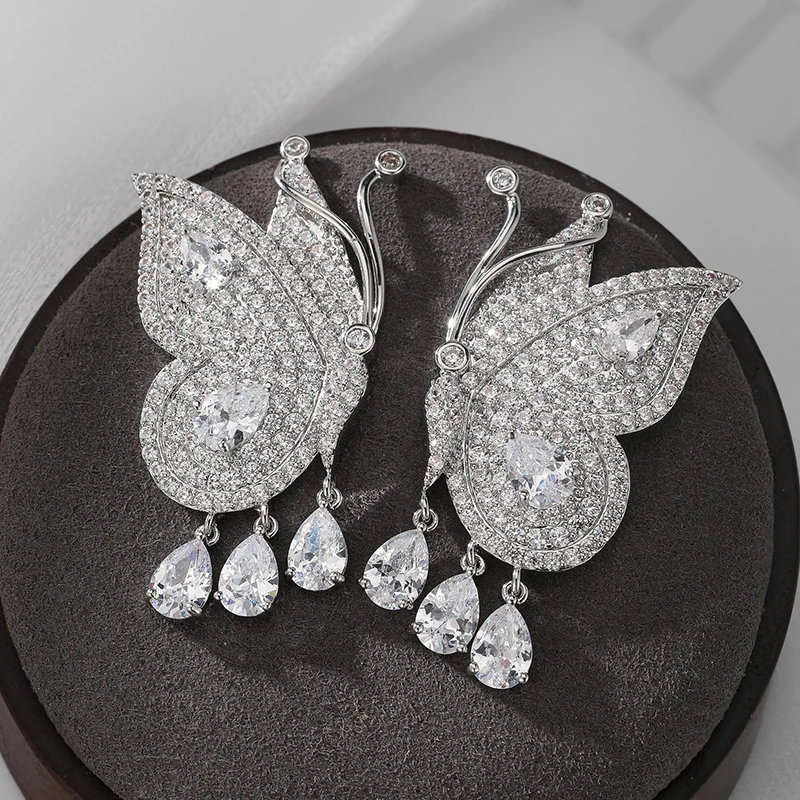 SENYU Роскошные серьги-гвоздики с большими бабочками и фианитами супер блестящие