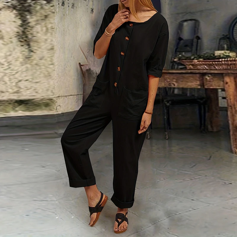 

Spring Buttoned Harem Pants Women Jumpsuit Casual O-neck Pocket One Piece Playsuit Romper Autumn 3/4 Sleeve Solid Retro Overalls